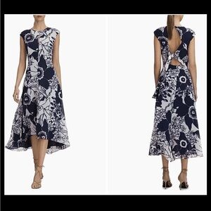 New REISS Becci Printed Navy Floral Cut Out Back Size 14 Midi Dress Asymmetric